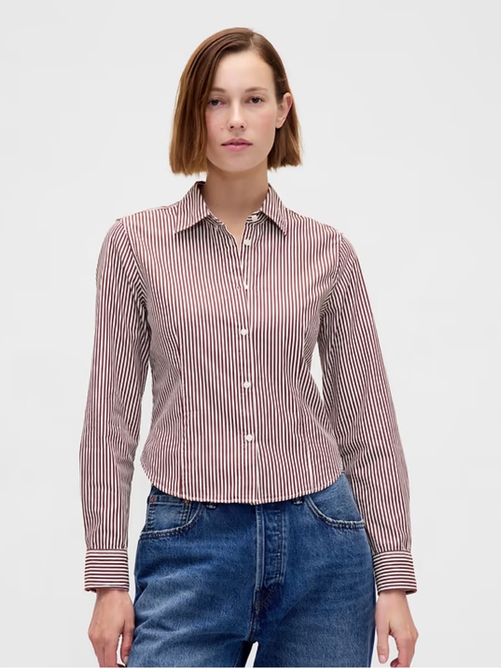 Gap Organic Cotton Fitted Crop Shirt - Red Stripes - Medium
